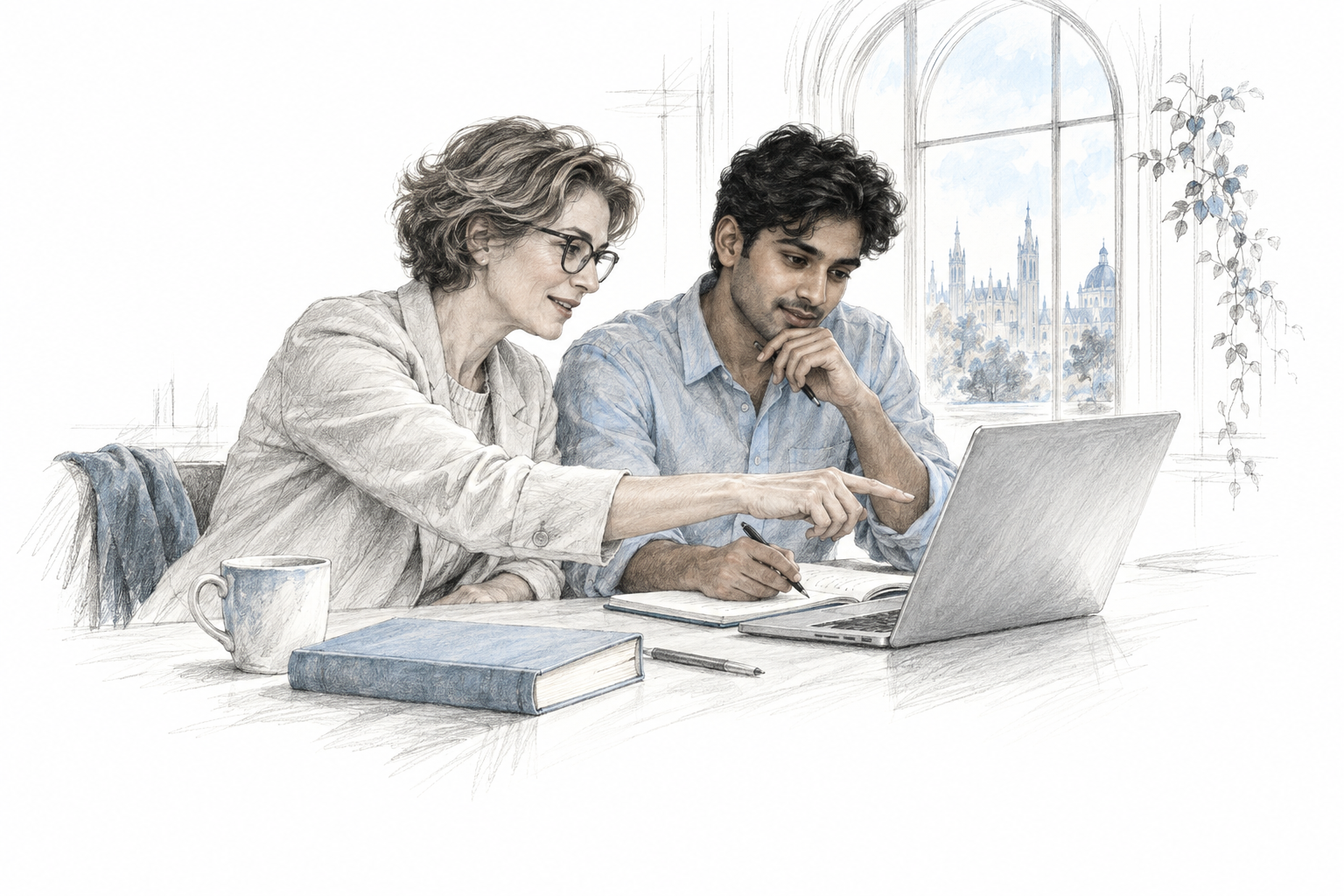 Illustration of two colleagues sharing knowledge while working at a laptop.